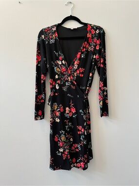LOFT Black Floral Wrap Dress with Red & Pink Blooms